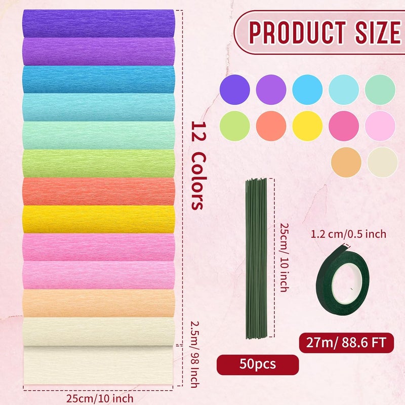 fuceury 12 Colors Crepe Paper Rolls, 10 x 98Inch Wide Crepe Paper Sheets with Floral Stem Wire and Green Floral Tapes for DIY Gift Wrapping Paper Crafts Birthday Wedding Holiday Paper Flower?Multicolor 03? - Image 2